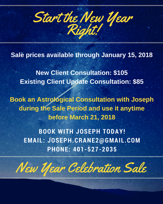Sale flyer offering Astrological Consultations at a discount for new and existing clients by January 15 2018.